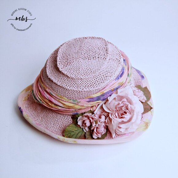 Barbara Ellen Floral Ribbon Bowler Sun Hat Pink‎ Women One Size